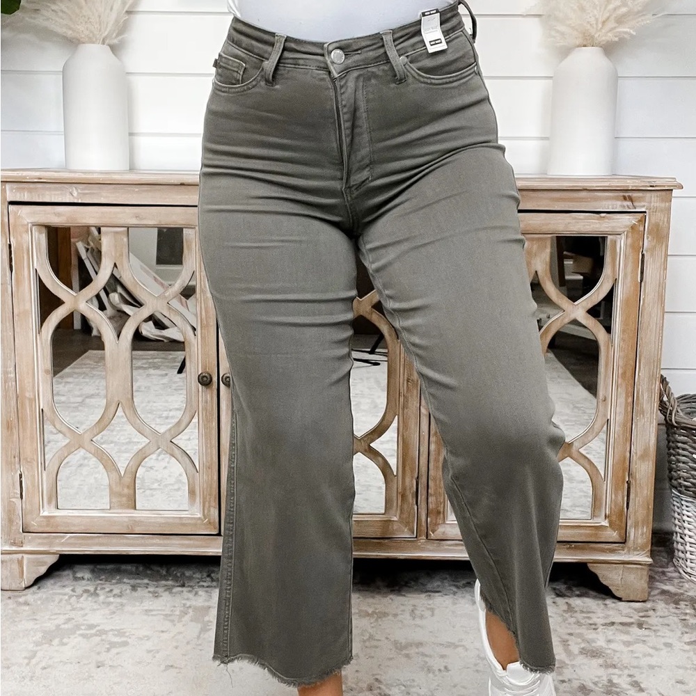 High Rise Tummy Control Judy Blue Wide Leg Cropped Olive Jeans